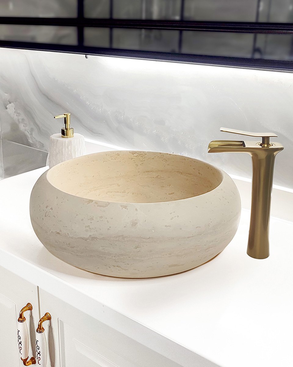 marble vessel sink, travertine sink, countercot sink, bowl sink, round sink