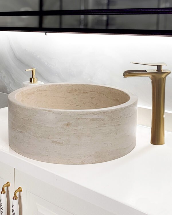 marble travertine sink, bathroom sink, vessel sink, travertine vessel sink, round vessel sink, bowl vessel sink, countertop vessel sink