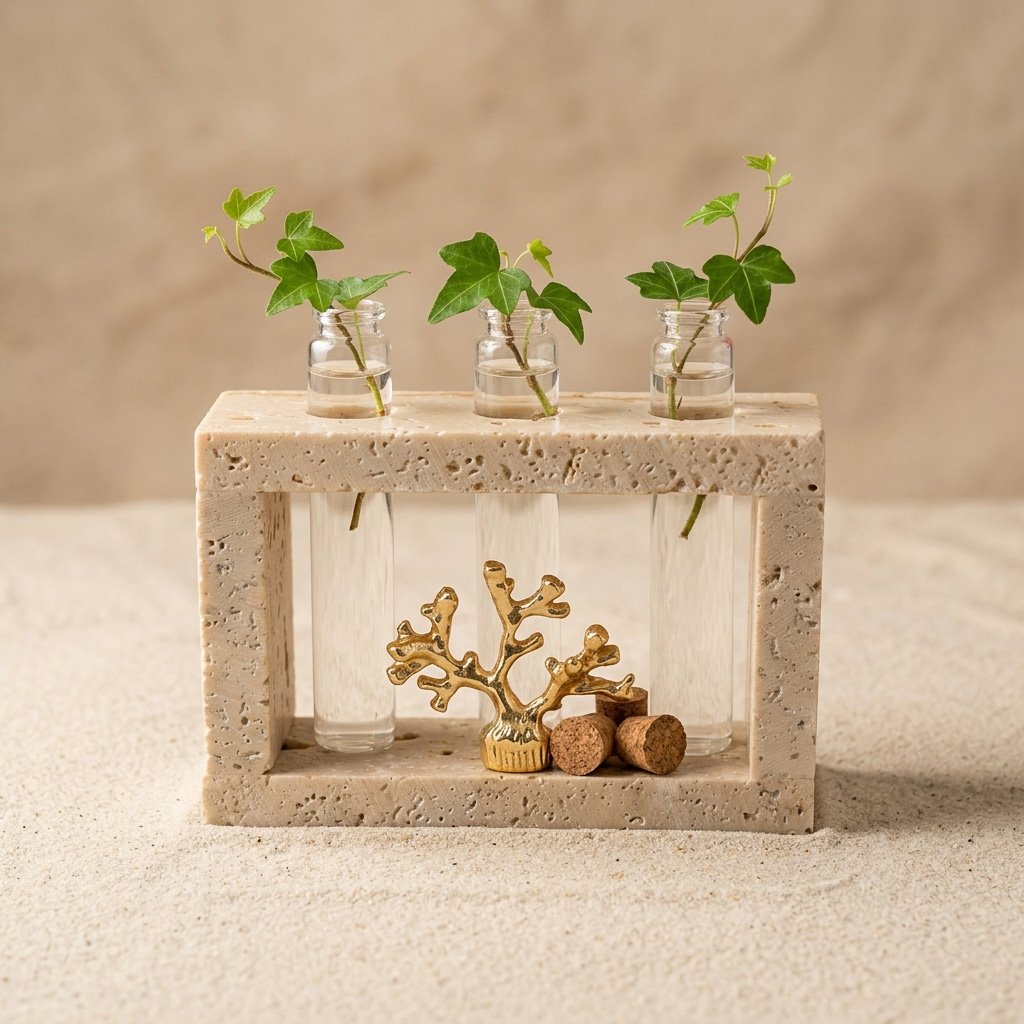 Wholesale Beige Travertine Plant Propagation Station | Gold Coral Accent, Hydroponic Desk Decor